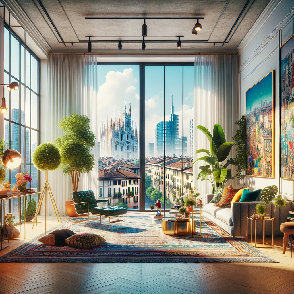 Modern Milan apartment interior with skyline view for long-term rent