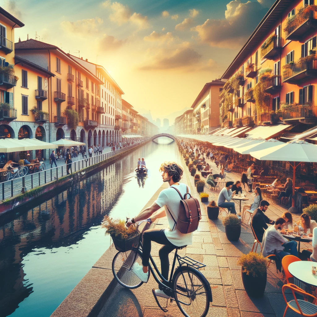 Young person enjoying life along the Naviglio Martesana canal in Milan, with outdoor cafes and cyclists in the background.