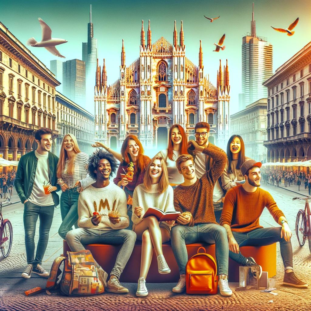 Erasmus students in Milan with iconic architecture in the background, representing the city's educational and cultural vibrancy